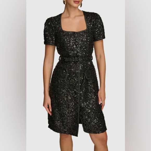 Donna Karan New York
Black Sequins Short Sleeve Button Front Belted Dress 10 NWT - Picture 1 of 8
